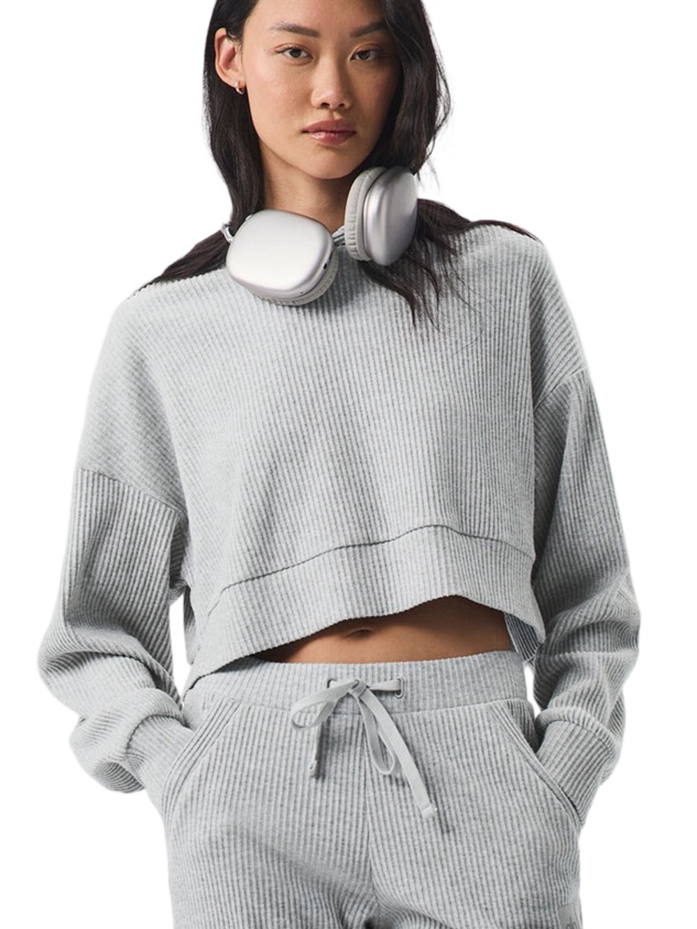 🩶 ALO Muse Cropped Hoodie in athletic heather grey Ribbed Cozy